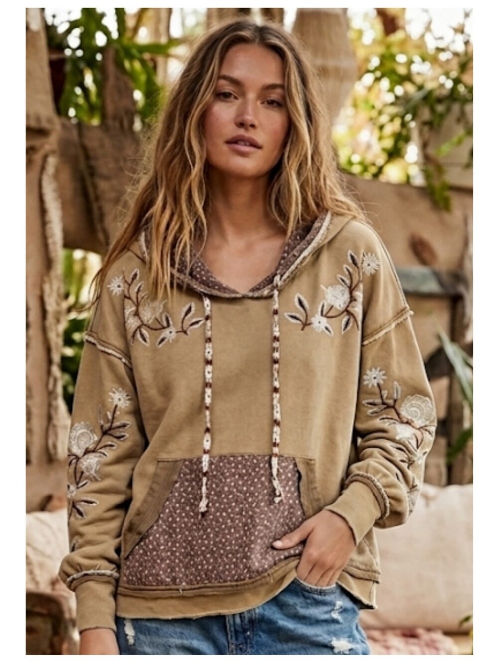 Floral Embroidered Olive Brown Hoodie with Patch Pocket